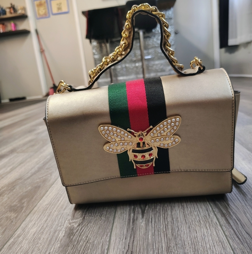 Gold Women’s Top-Handle Bag with Bee Accent